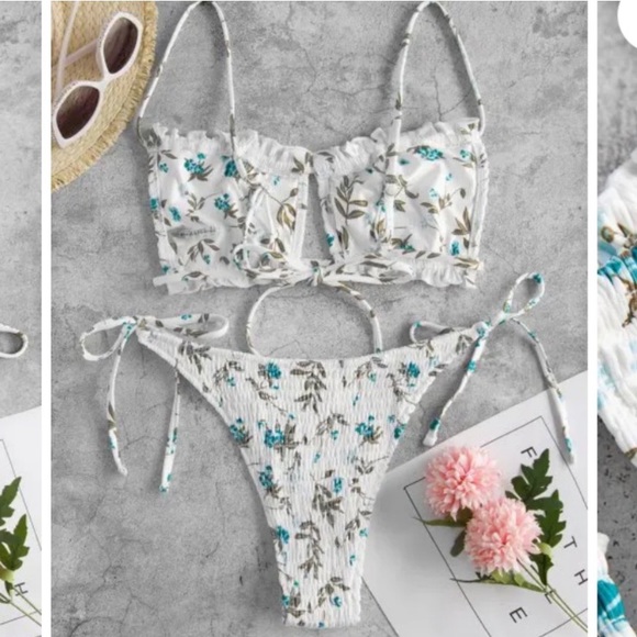 🪞 Smocked cut out floral tie up bikini set - Picture 3 of 3
